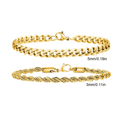 2pcs Men's Chain Bracelets, Stainless Steel Silver Gold Black Color