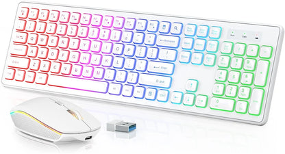 USB Wireless Keyboard and Mouse Set RGB Backlit Rechargeable Light Up Letters Full-Size Wireless Keyboard for Computer