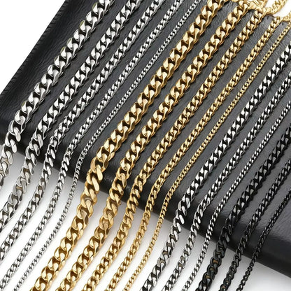 3-11mm Classic Cuban Chain Necklace for, Silver Black Gold Grey Color