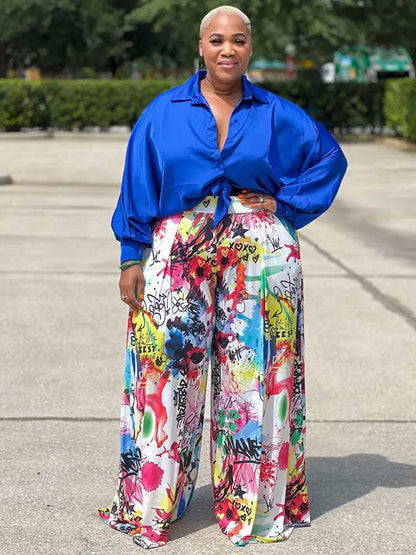 2piece Woman Outfit Streetwear Blue Silk Blouses Women Plus Size