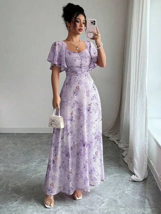 Women's Sweet French Style Mini Dress with Purple Butterfly Print, Batwing Sleeves & Back Zipper