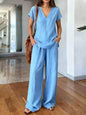 Loose Summer Trousers Set Solid Color Simple Daily Comfortable V-neck Short-sleeved Pullover Top Wide-leg Trousers Two-piece Set