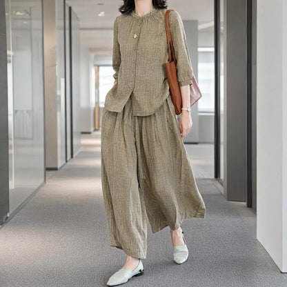 Plus Size Casual Suit Women 2 Piece Cotton Linen Sets, Button Down