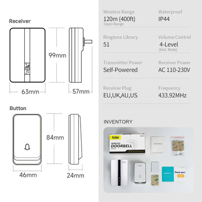 VeryHome Wireless Doorbell Waterproof Self-powered Button Smart Door Bell Sets Home Welcome Outdoor House Chimes  Receiver