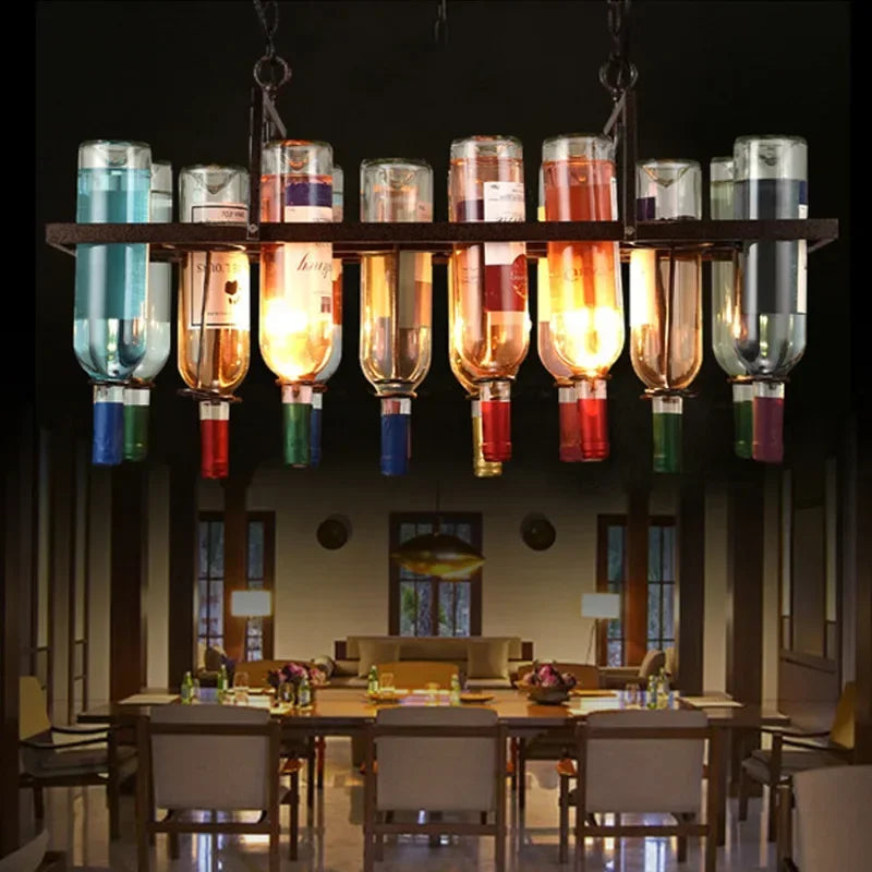 DecorBites™ Industrial Metal Wine Bottle Chandelier for Coffee Shop Bar LED Decor