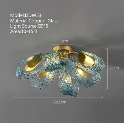 DecorBites™ LED Art Deco Blue Peacock Leaf Copper Ceiling Chandelier for Living Room