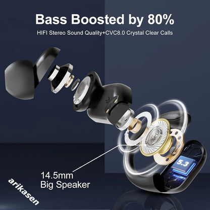 Bluetooth 5.3 Headphones True Wireless Earbuds Bass Stereo Sound with LED Power Display Case 60H Playback Earphones With Mic ENC