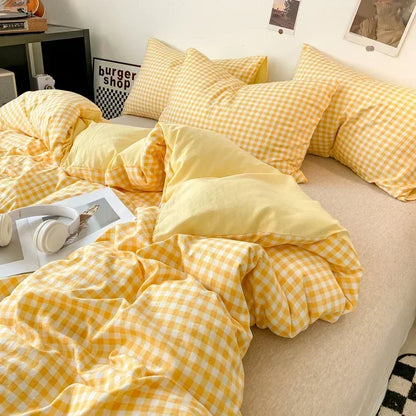 DecorBites™ Japanese Style Check Duvet Cover Set - Soft Washed Quilt Cover & Pillowcase