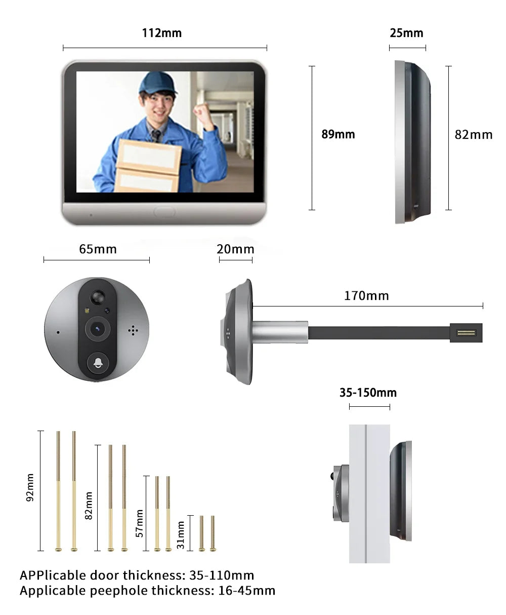 4.3 inch 2MP Tuya APP WiFi Doorbell Visual Door Peephole Video Eye Night PIR Home Security Wireless Intercom For IOS Android