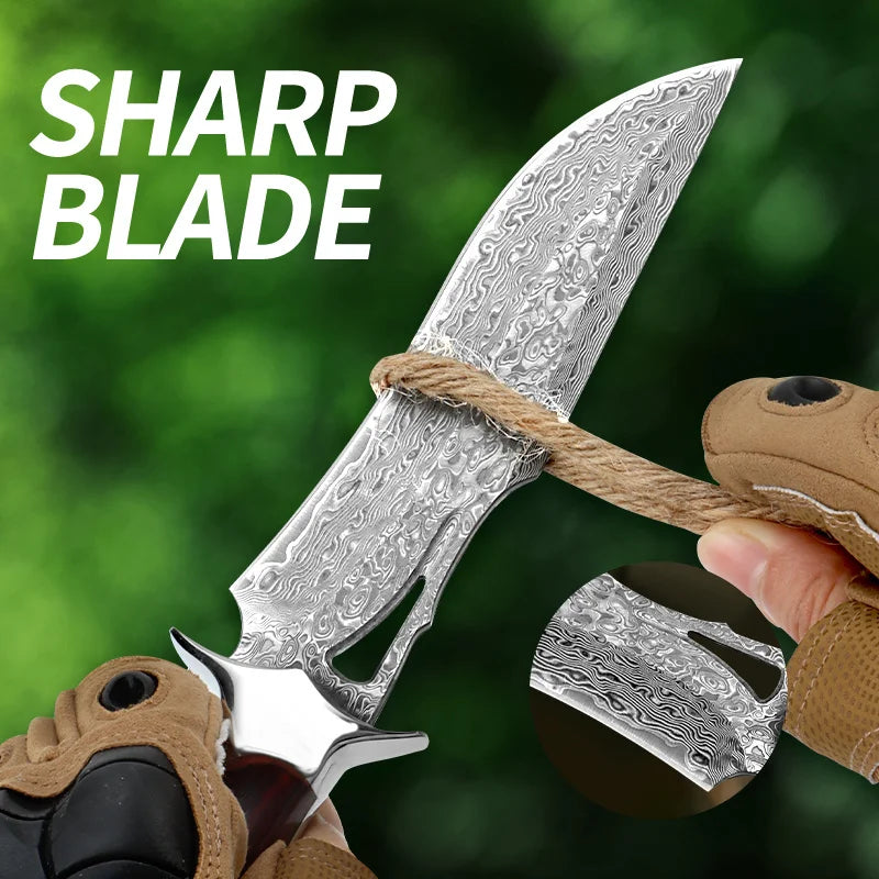 A Large Damascus Handmade Forged Knife - Fixed Blade, Wooden Handle
