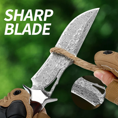 A Large Damascus Handmade Forged Knife - Fixed Blade, Wooden Handle