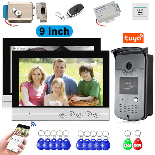  WiFi Video Doorphone Intercom 4 Wire 1V1/1V2 9 inch LCD RFID Camera Doorbell Access Control System APP Unlock W/ Electric Lock