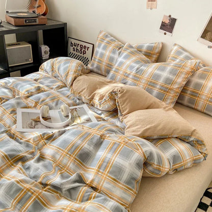 DecorBites™ Japanese Style Check Duvet Cover Set - Soft Washed Quilt Cover & Pillowcase