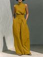 Casual Solid Cotton Linen Two-Piece Set for Women Sleeveless