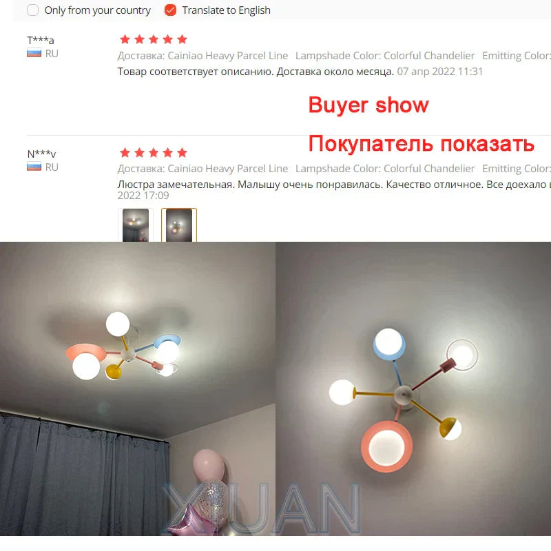 DecorBites™ Kids Nordic Glass Chandelier LED Ceiling Light - Blue Pink Cartoon Theme