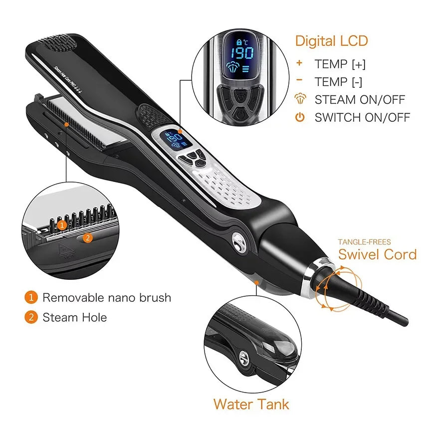 Wide Plate Steam Hair Straightener Temperature Controlled Perm