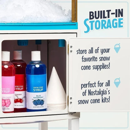 Snow Cone Shaved Ice Machine - Retro Cart Slushie Machine Makes 48 Icy Treats - Includes Metal Scoop, Storage Compartm