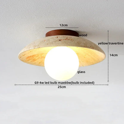 DecorBites™ Japan Style LED Ceiling Light Yellow Travertine Stone Wood Base Bedroom Luminaire