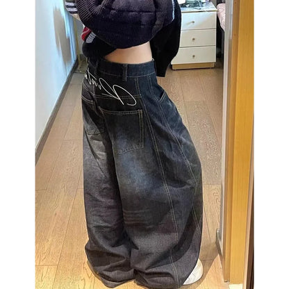 Black Womens Jeans High Waist Vintage Design Hip Hop Straight Baggy