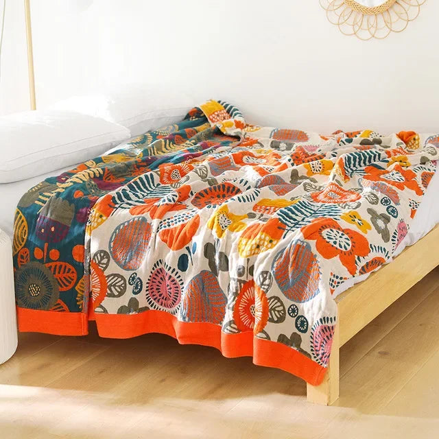 DecorBites™ Japanese Cotton Gauze Flower Blanket: Soft and Breathable Summer Throw