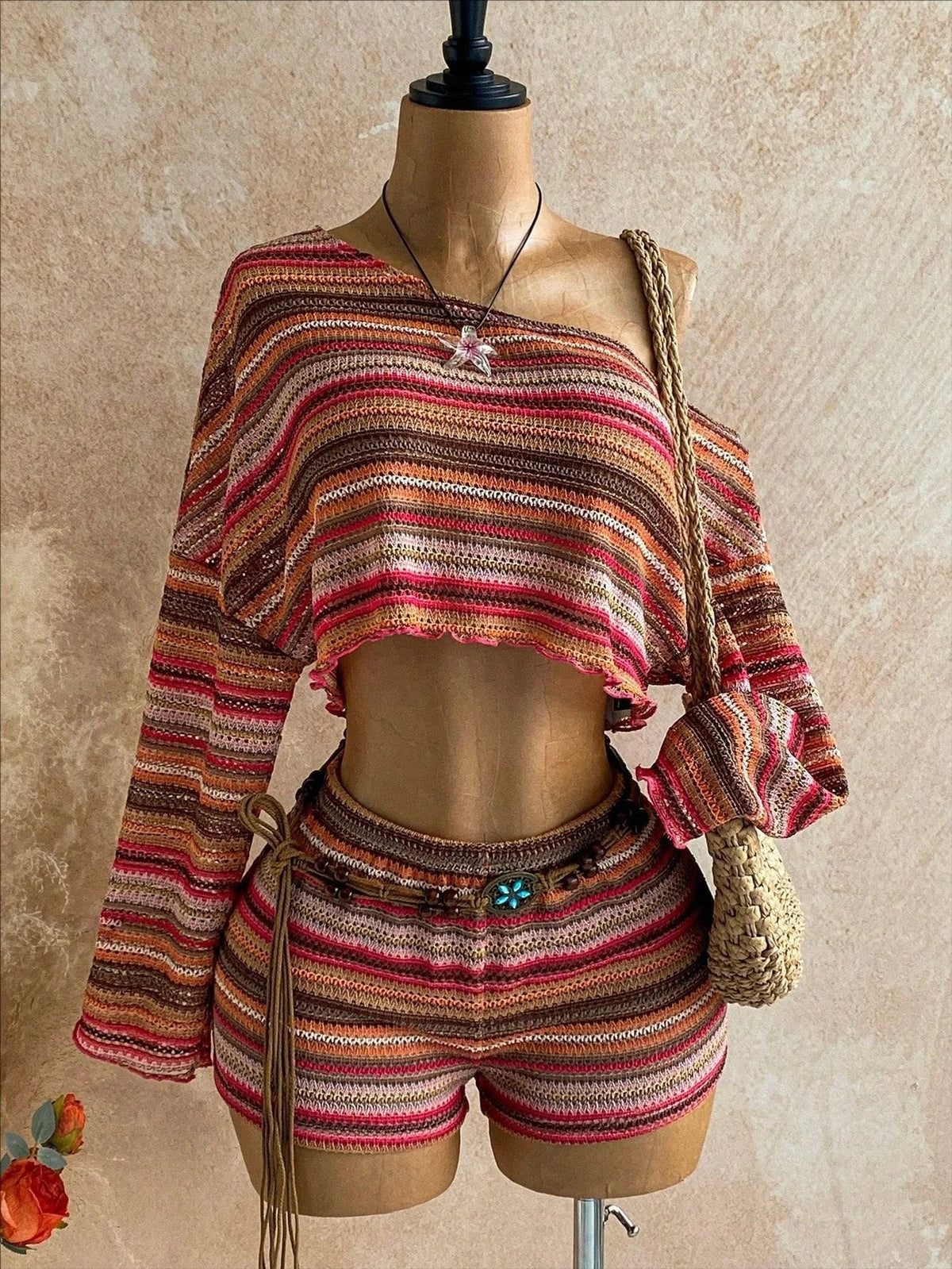 Boho Asymmetrical Off Shoulder Striped Knit Two Piece Set Women Long