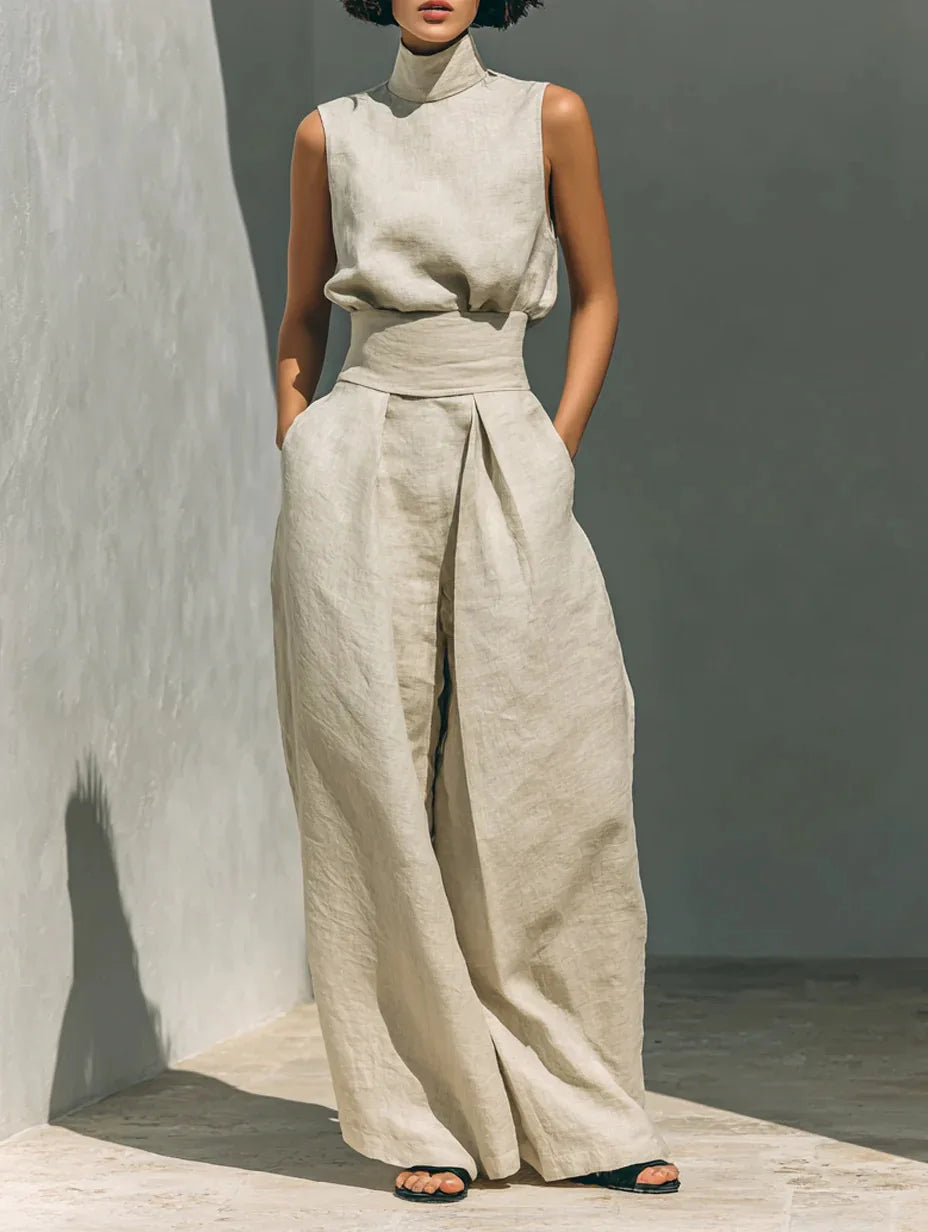 Casual Solid Cotton Linen Two-Piece Set for Women Sleeveless