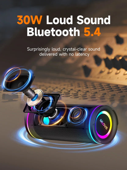 MLOVE E80 Portable Bluetooth Speaker – Powerful Dual Sound, Colorful RGB Lighting, Fully Waterproof (IPX7), TWS Enabled