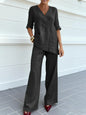 Women's Two-piece Set 2026 Mid-sleeve V-neck Top Straight Pants Spring Summer Women's New Casual Cotton Linen Solid Color Suit