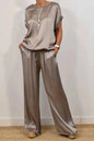 Women's Satin Pants 2 Piece Set Summer Breathe Loose Short Sleeve Top Wide Leg Pants Casual Outfit Office Lady Elagant Set