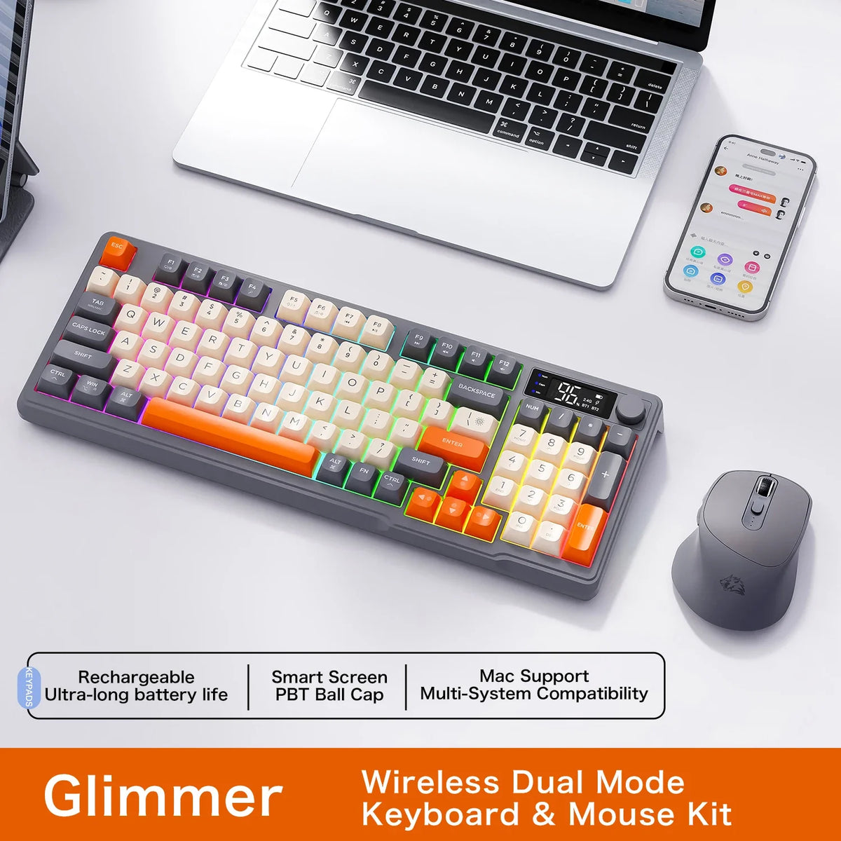 M96 Wireless Keyboard and Mouse Set, Bluetooth&2.4G, Smart Screen, 96 Keys, RGB, Silent Keyboard Mouse Combo