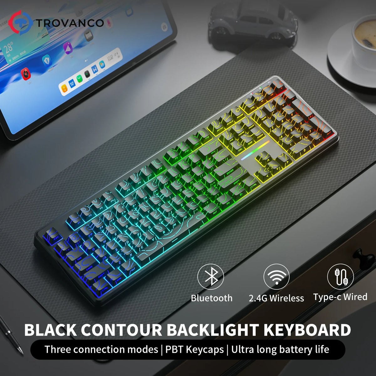 V108 Bluetooth Keyboard  Office Low Noise 2.4G Wired&Wireless Full Layout with RGB Backlit Membrane