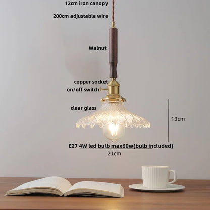 DecorBites™ Glass LED Pendant Lamp Walnut Wood Copper Switch Nordic Hanging Light