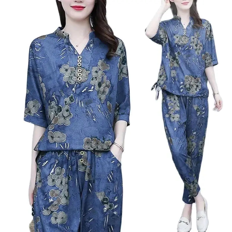 New Korean Sets Women Summer Loose Short Sleeves Printing Tops