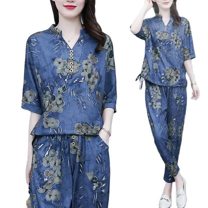 New Korean Sets Women Summer Loose Short Sleeves Printing Tops