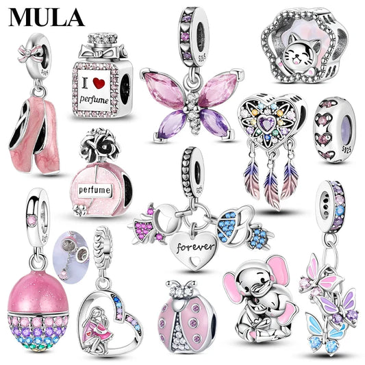 MULA Pink 925 Sterling Silver Charms Pendant Perfume Dreamcatcher Heart Love Beaded Fit Original Bracelet Women DIY Jewelry Gift