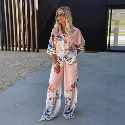 Autumn New Half-Sleeved Printed Shirt Trousers for Women 2-Piece Set