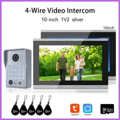 ANJIELO 4-Wire Video Intercom System with 10-inch Touch Screen 5-in-1 Unlock Tuya Smart APP Control IP65 Waterproof Night Vision
