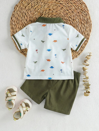 Baby Boy Polo 2‑piece Set, Printed Lapel Short‑sleeve Top with Solid