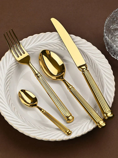DecorBites™ Golden Stainless Steel Flatware Set, 4Pcs Fork Knife Spoon Cutlery Kit.