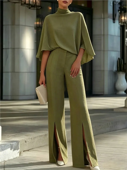Autumn Women's Half Turtleneck Shawl Top Fashion Slit Wide Leg