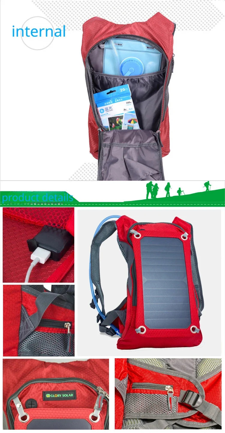 10W Solar Charging Backpack 20L USB Outdoor Hiking Backpack Waterproof Travel Cycling Camping Solar Power Backpack