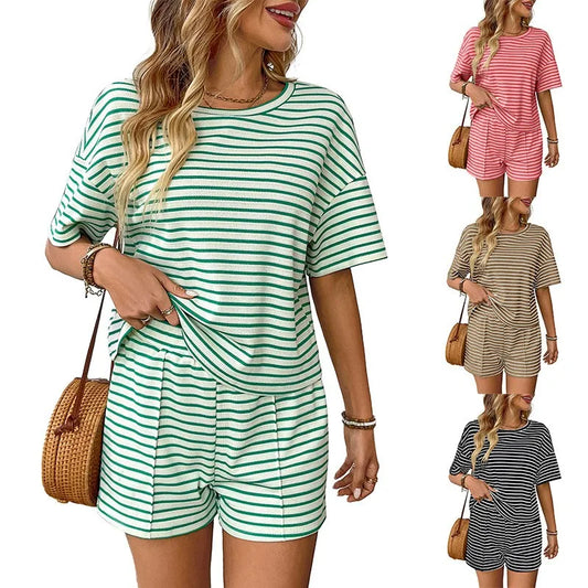 Summer Women's Suit Shorts Cotton Crop Top Short Pants High Waist Pleated Front Green White Striped Casual Shorts