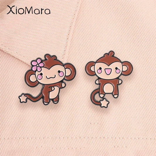Cute Monkey Enamel Pins Cartoon Star Tail Ape Floral Kawaii Animal Brooches Lapel Backpack Badge Fashion Jewelry Gift for Friend