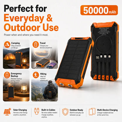50000mAh Solar Power Bank Fast Charging Portable Charger with Built-in Cables Wireless Outdoor Battery Pack