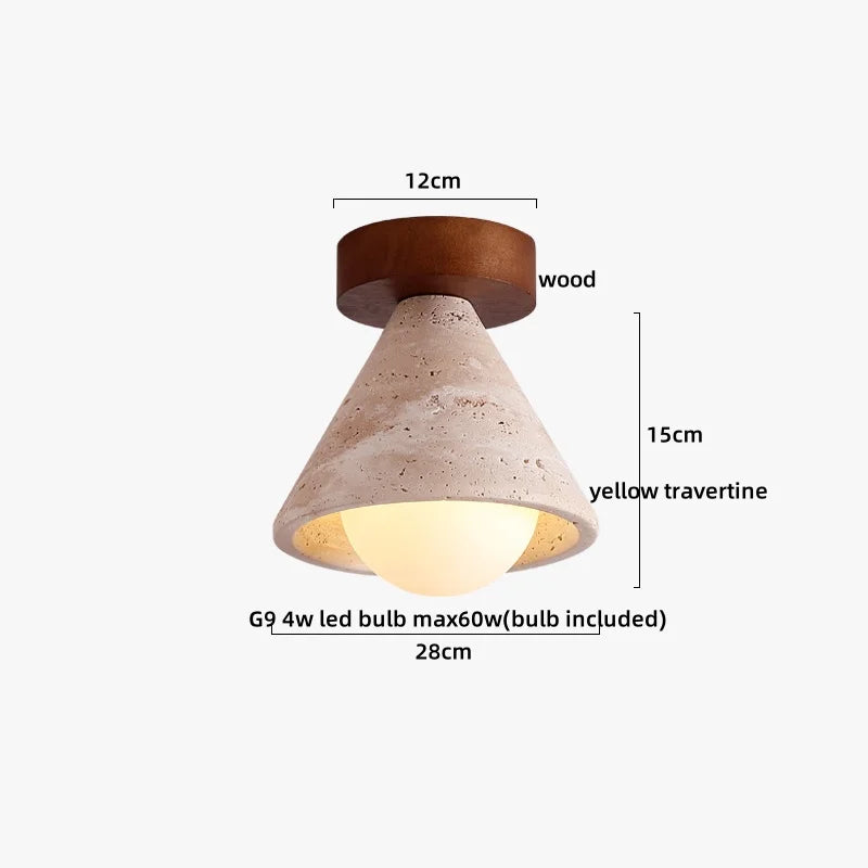 DecorBites™ Japan Style LED Ceiling Light Yellow Travertine Stone Wood Base Bedroom Luminaire.