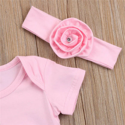 0-18months Baby Girls Romper With Headband Solid Pink Summer Short Sleeve Flowers Jumpsuit For Infant Girls