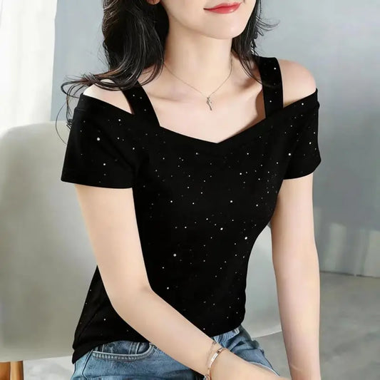 Street Casual Off Shoulder Hollow Out Plus Size Tops Women Clothing Short Sleeve Solid Vintage T Shirts Trend Fashion Summer New