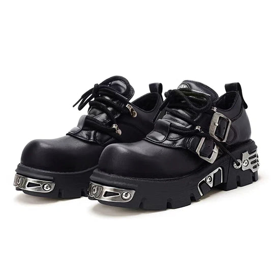 Platform Metal Punk Flats Cross Tied Buckle Single Shoes Zip Round Toe Gothic Runway Casual Women Shoes Goth Black Chunky
