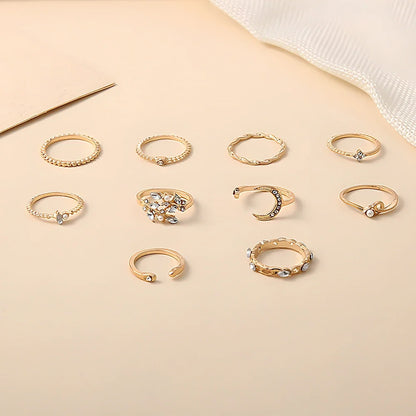 10pcs Rings Suit for Women Gold-Color Chain Ring Set Bohemian Style