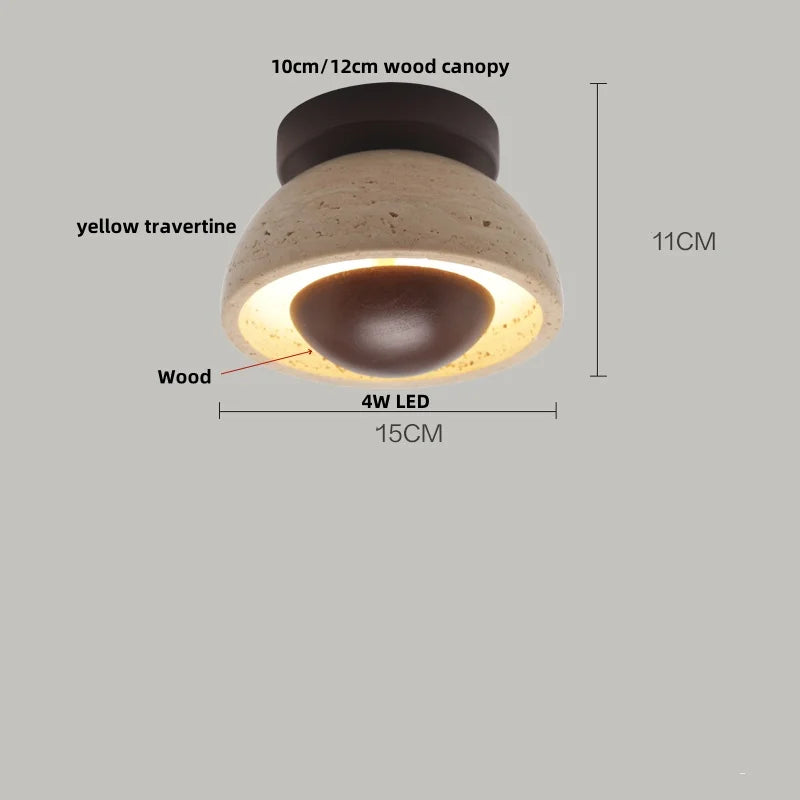 DecorBites™ Japan Style LED Ceiling Light Yellow Travertine Stone Wood Base Bedroom Luminaire.